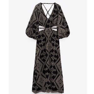 ZARA WOMAN EMBROIDERED CUT OUT MIDI DRESS BLACK GOLD- S